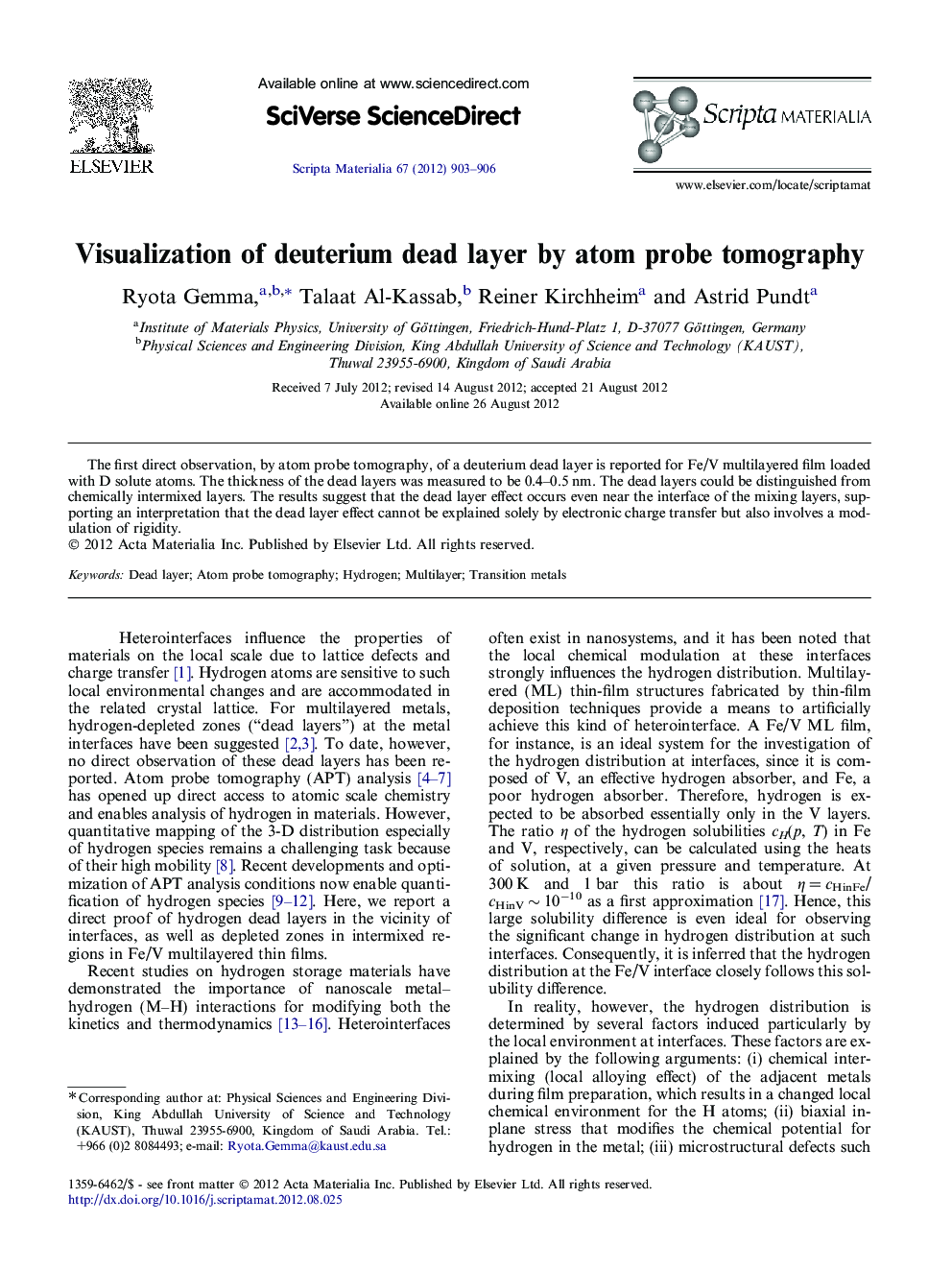 Visualization of deuterium dead layer by atom probe tomography