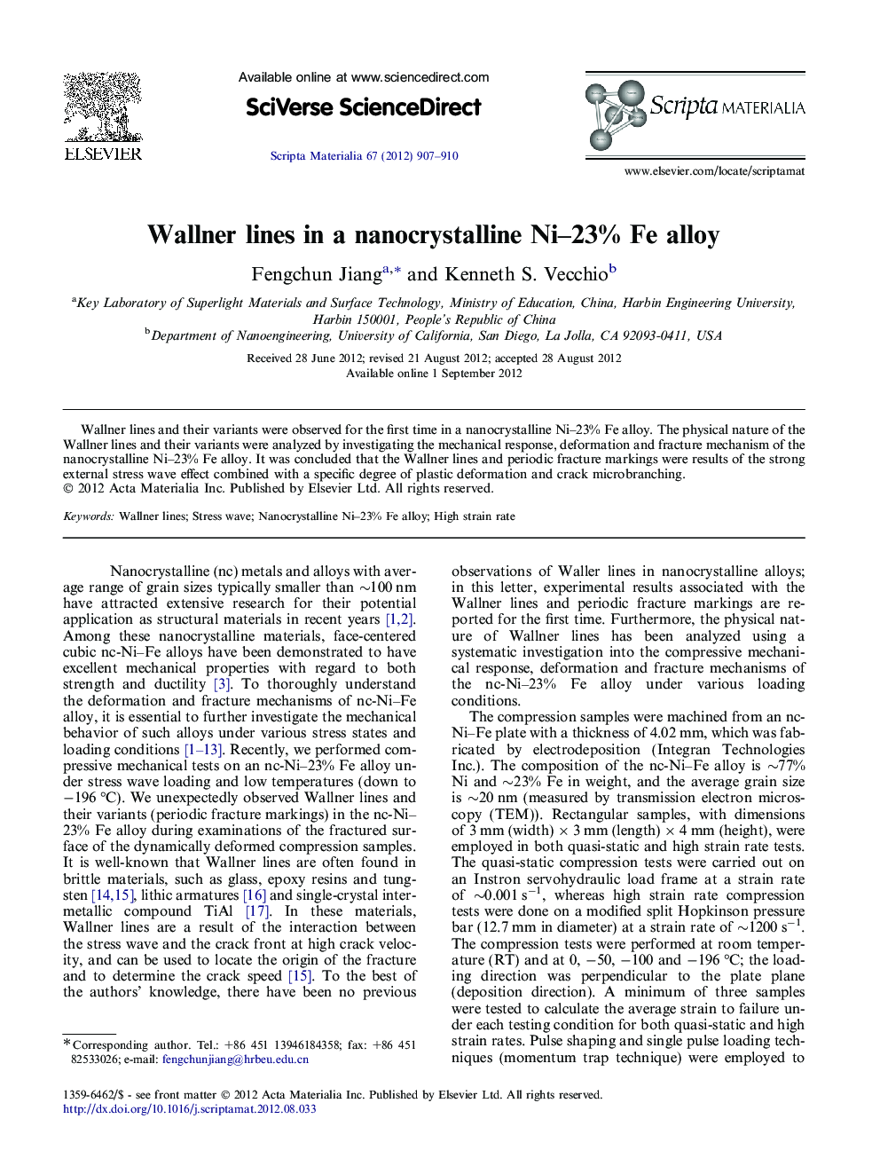 Wallner lines in a nanocrystalline Ni–23% Fe alloy