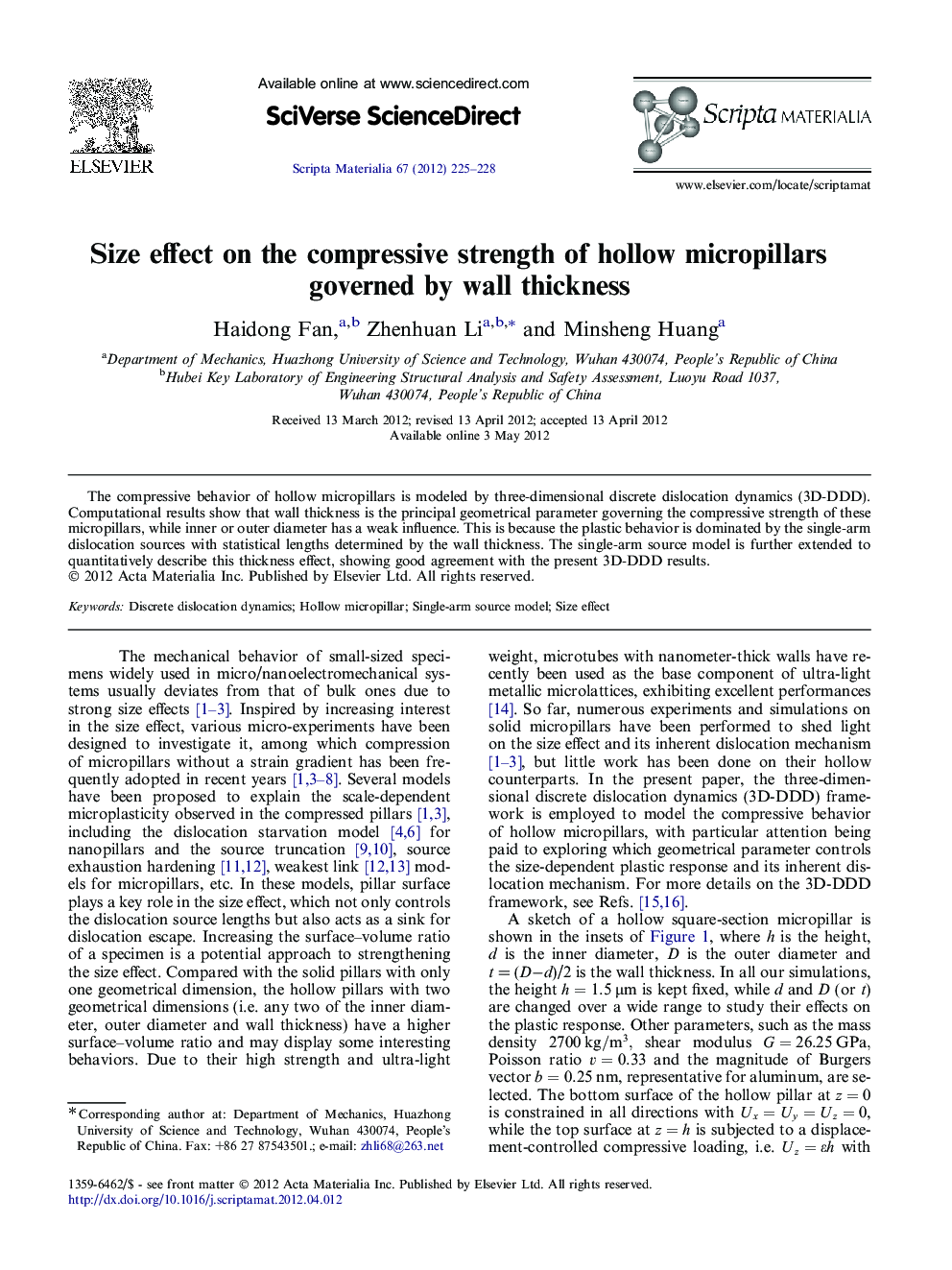 Size effect on the compressive strength of hollow micropillars governed by wall thickness