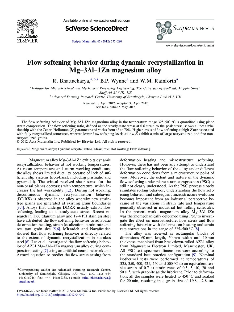 Flow softening behavior during dynamic recrystallization in Mg–3Al–1Zn magnesium alloy