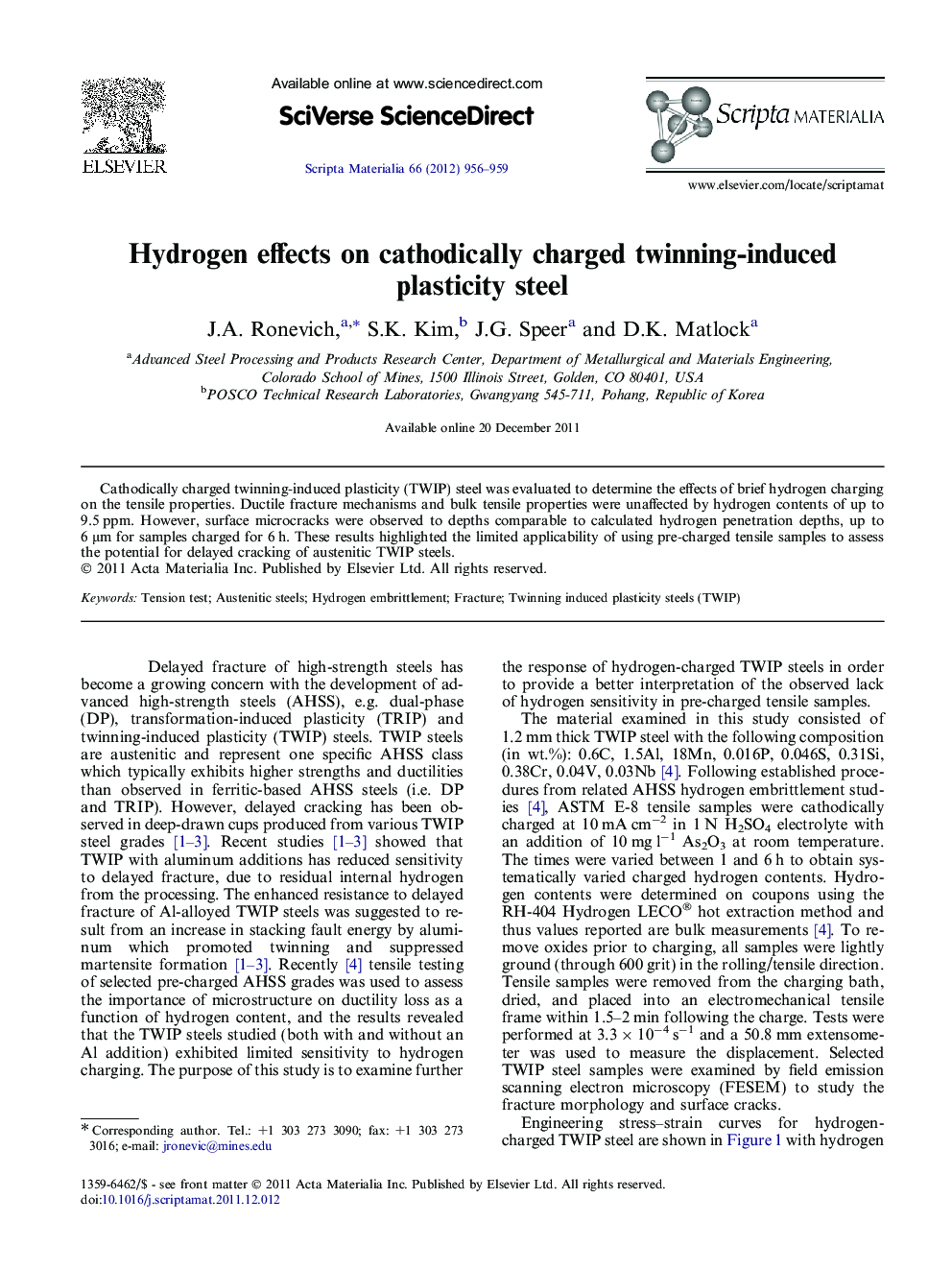 Hydrogen effects on cathodically charged twinning-induced plasticity steel