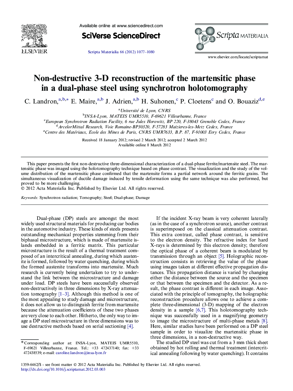 Non-destructive 3-D reconstruction of the martensitic phase in a dual-phase steel using synchrotron holotomography