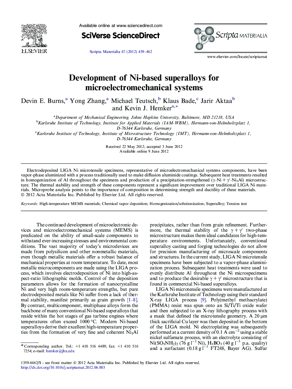 Development of Ni-based superalloys for microelectromechanical systems