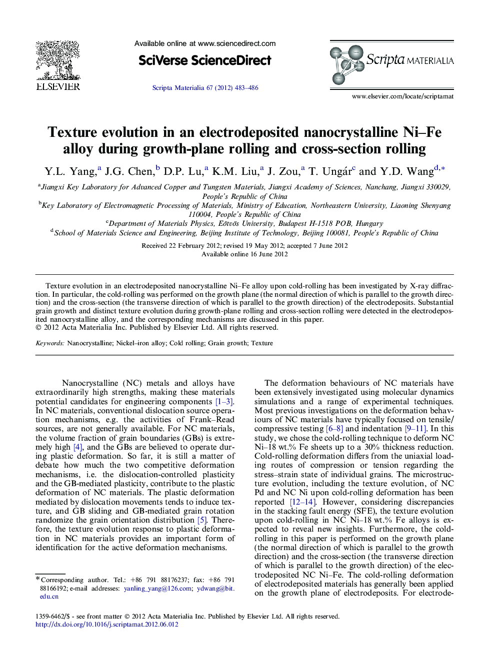 Texture evolution in an electrodeposited nanocrystalline Ni–Fe alloy during growth-plane rolling and cross-section rolling