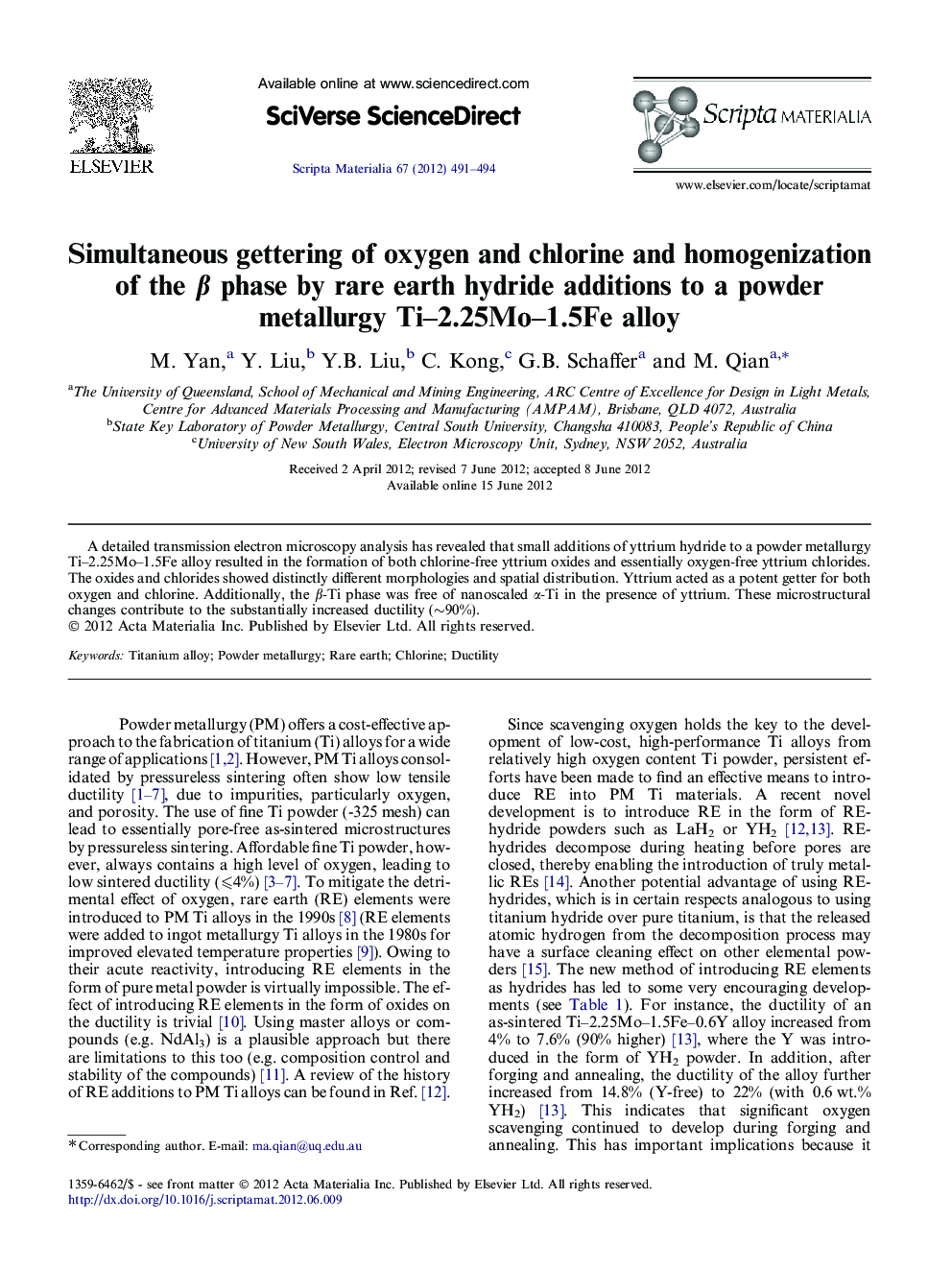 Simultaneous gettering of oxygen and chlorine and homogenization of the β phase by rare earth hydride additions to a powder metallurgy Ti–2.25Mo–1.5Fe alloy