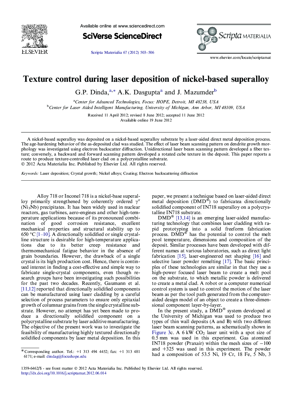 Texture control during laser deposition of nickel-based superalloy