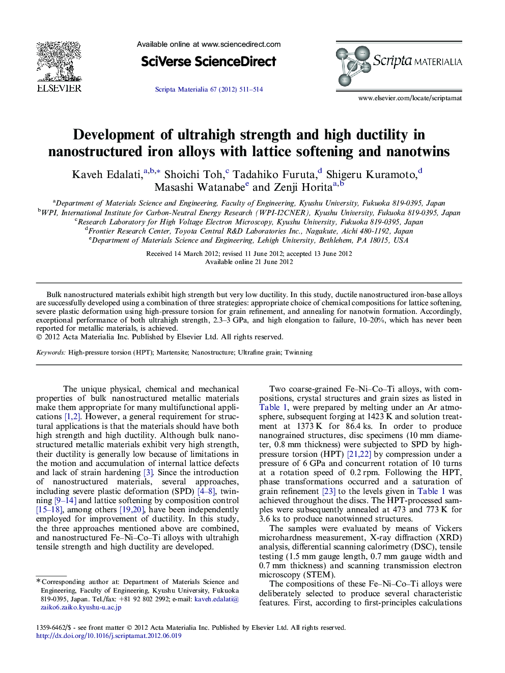 Development of ultrahigh strength and high ductility in nanostructured iron alloys with lattice softening and nanotwins