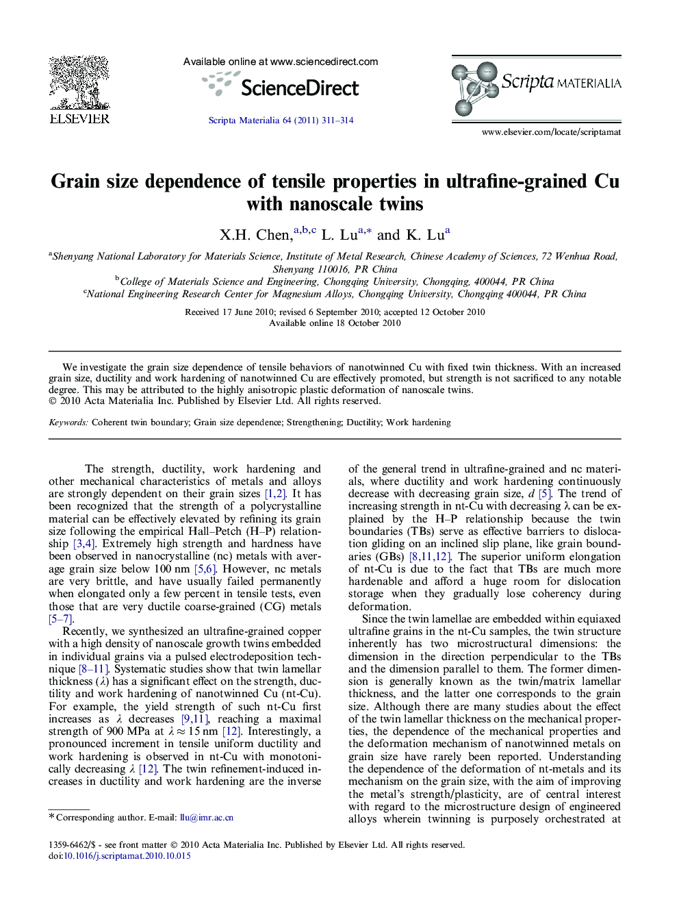 Grain size dependence of tensile properties in ultrafine-grained Cu with nanoscale twins