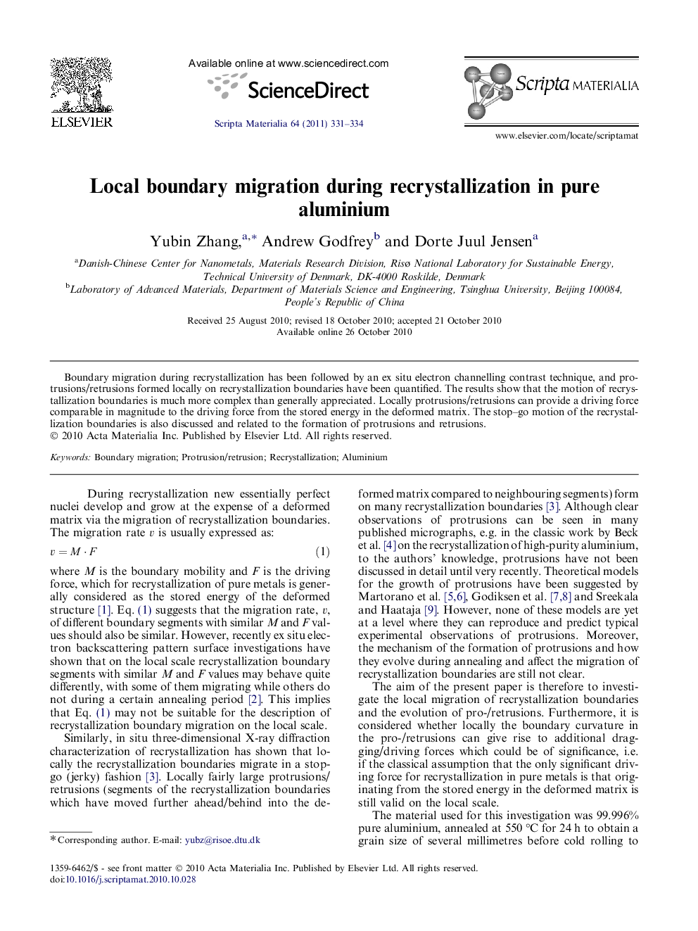 Local boundary migration during recrystallization in pure aluminium