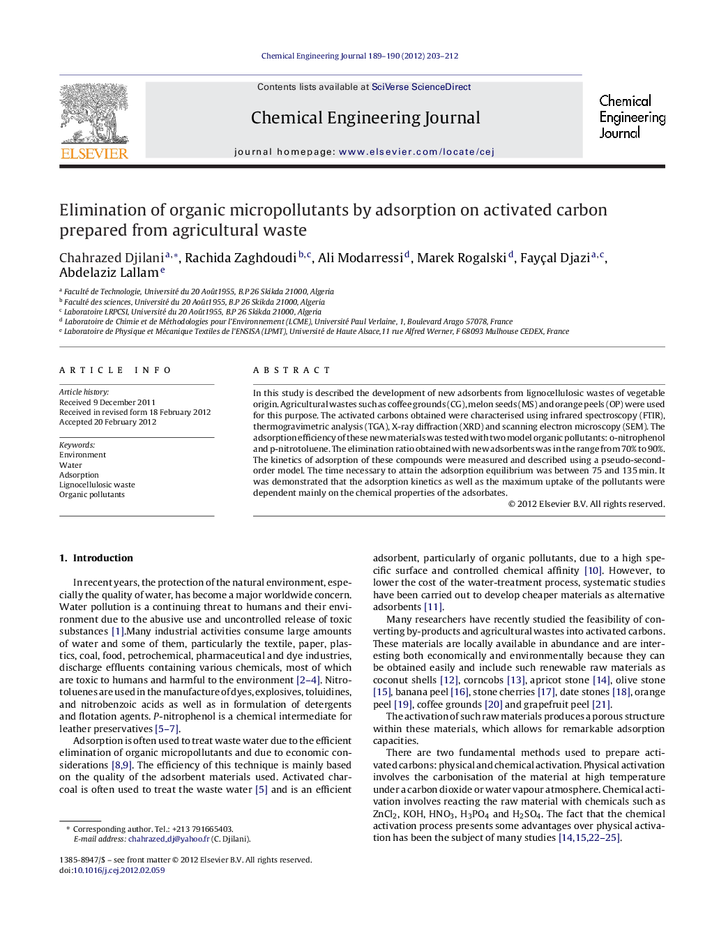 Elimination of organic micropollutants by adsorption on activated carbon prepared from agricultural waste