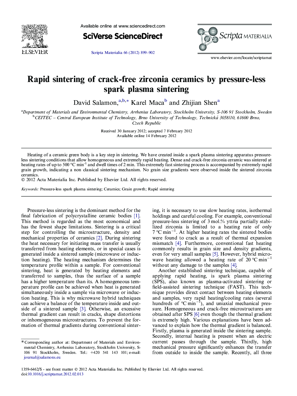 Rapid sintering of crack-free zirconia ceramics by pressure-less spark plasma sintering