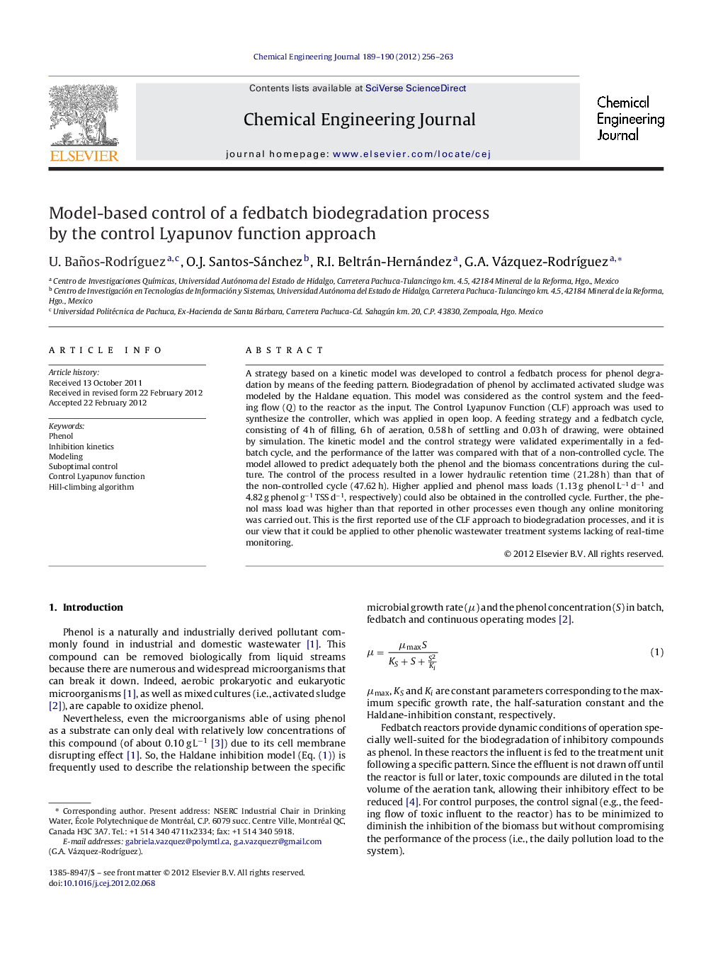 Model-based control of a fedbatch biodegradation process by the control Lyapunov function approach