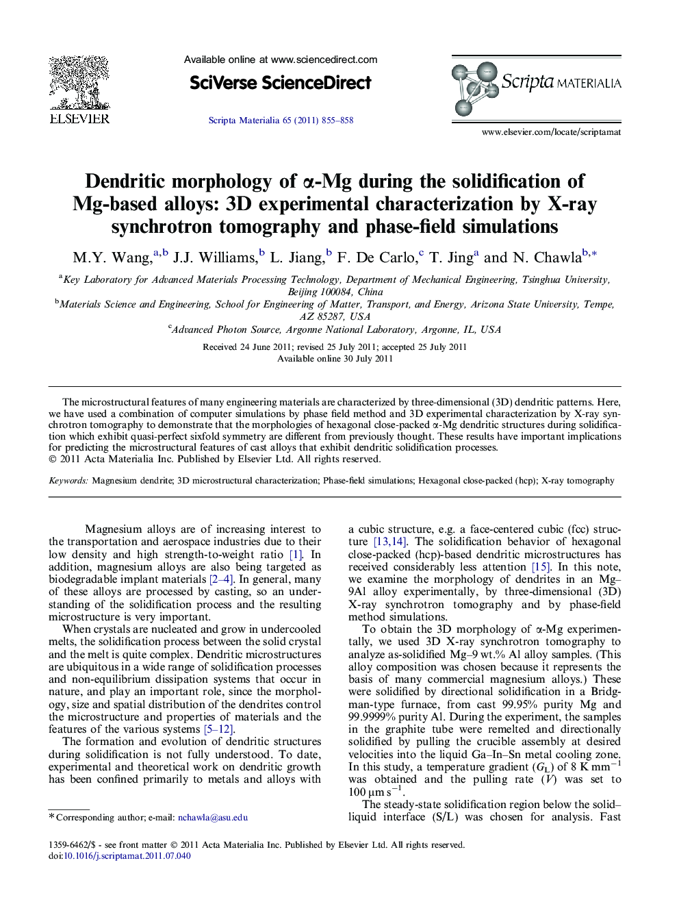 Dendritic morphology of α-Mg during the solidification of Mg-based alloys: 3D experimental characterization by X-ray synchrotron tomography and phase-field simulations