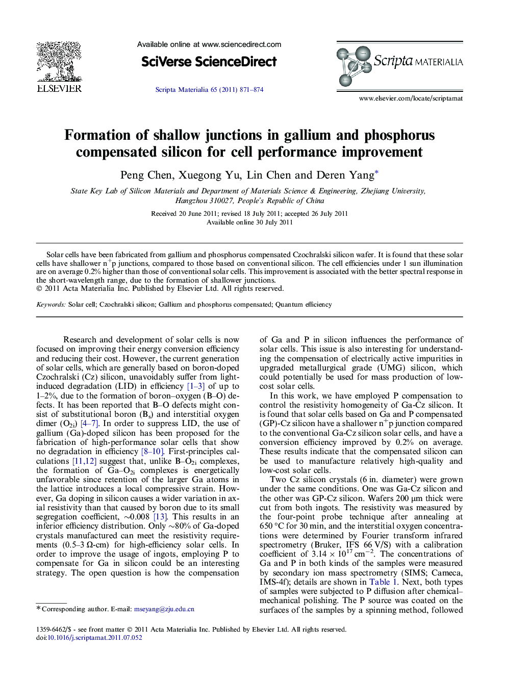 Formation of shallow junctions in gallium and phosphorus compensated silicon for cell performance improvement