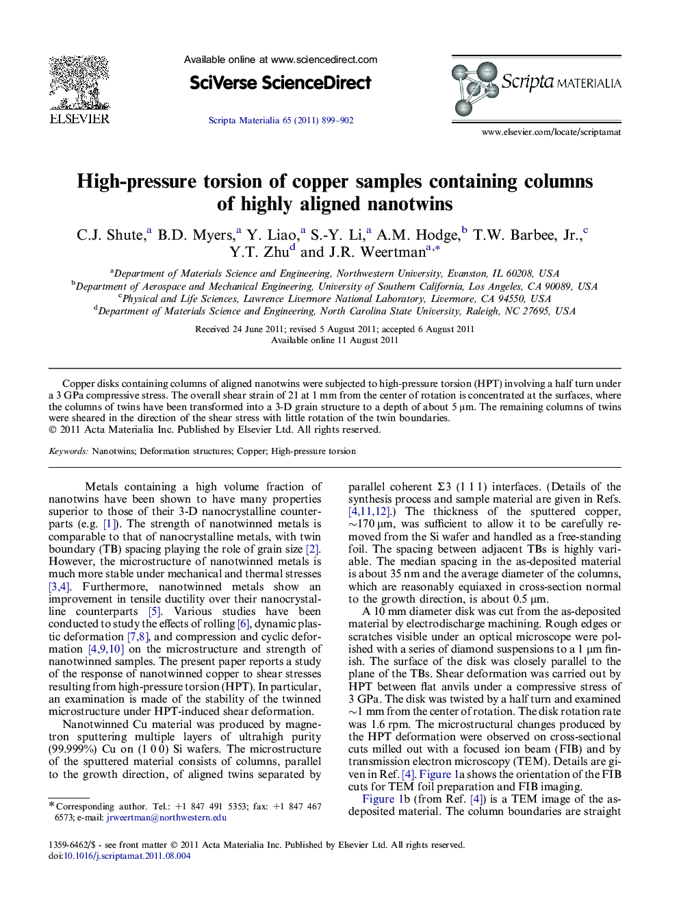 High-pressure torsion of copper samples containing columns of highly aligned nanotwins