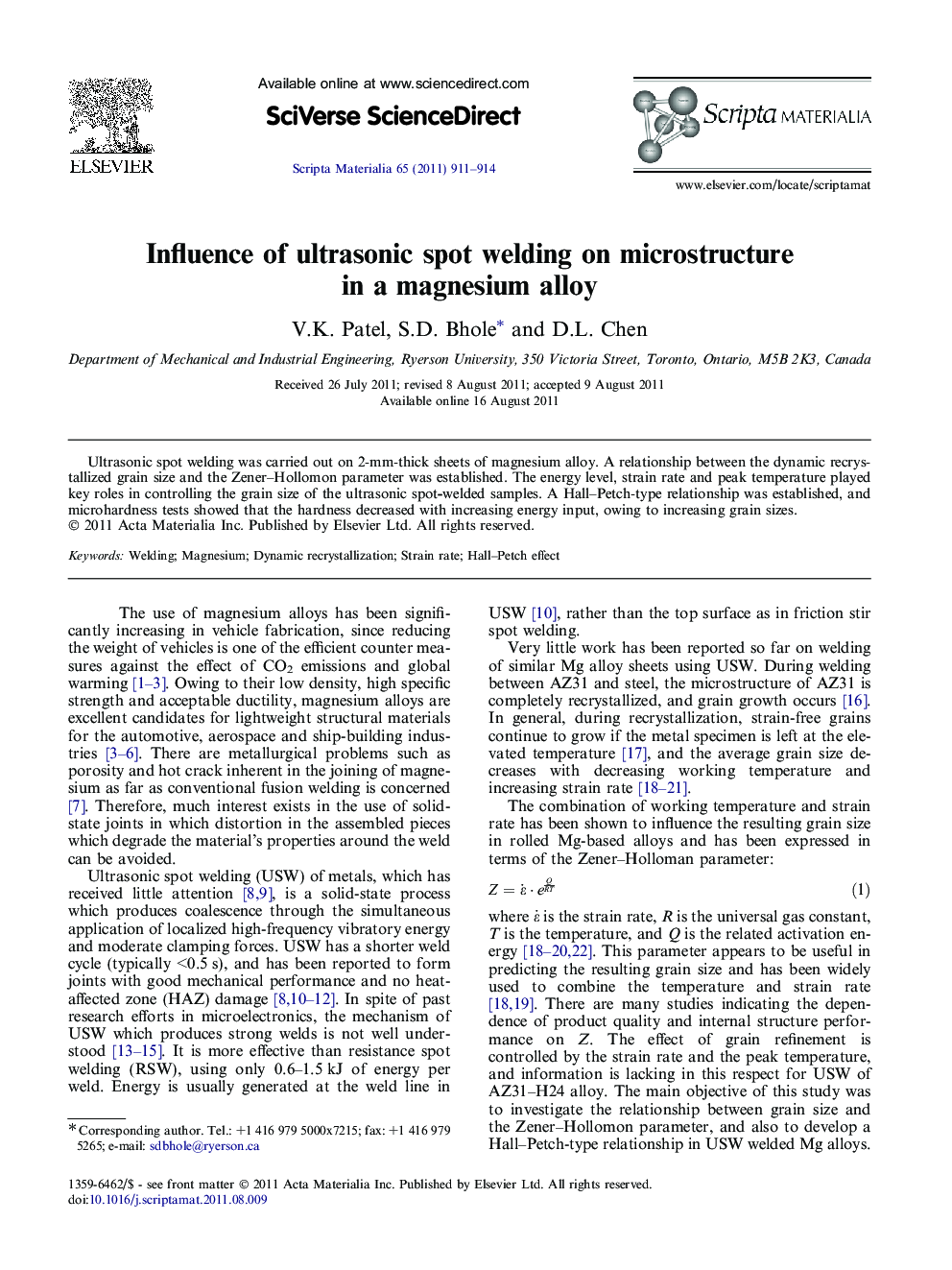 Influence of ultrasonic spot welding on microstructure in a magnesium alloy