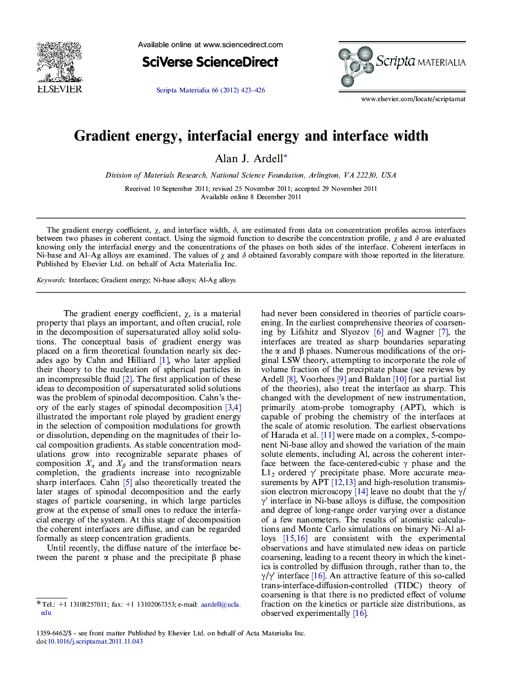 Gradient energy, interfacial energy and interface width