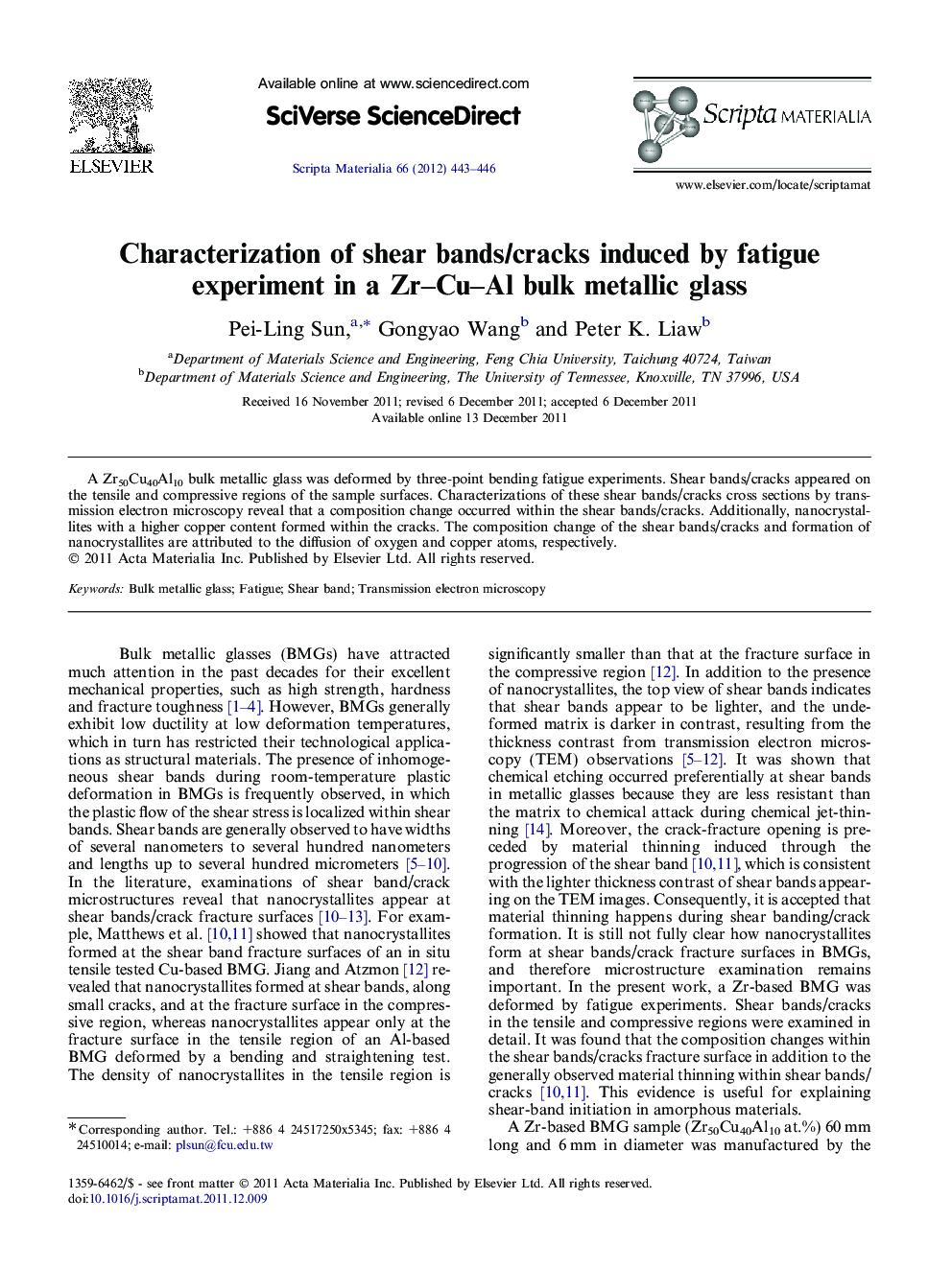 Characterization of shear bands/cracks induced by fatigue experiment in a Zr–Cu–Al bulk metallic glass