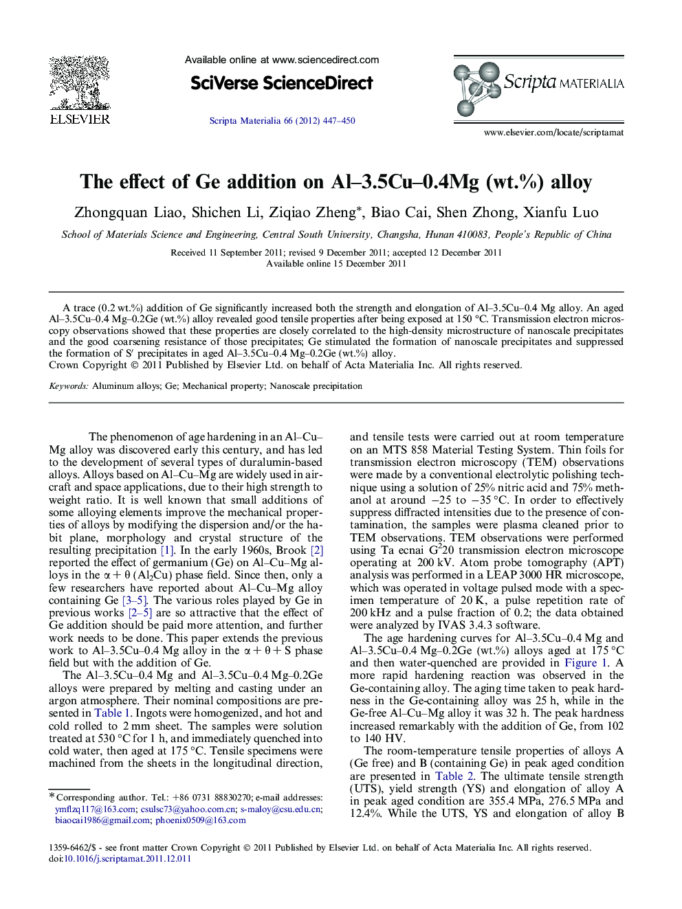 The effect of Ge addition on Al–3.5Cu–0.4Mg (wt.%) alloy