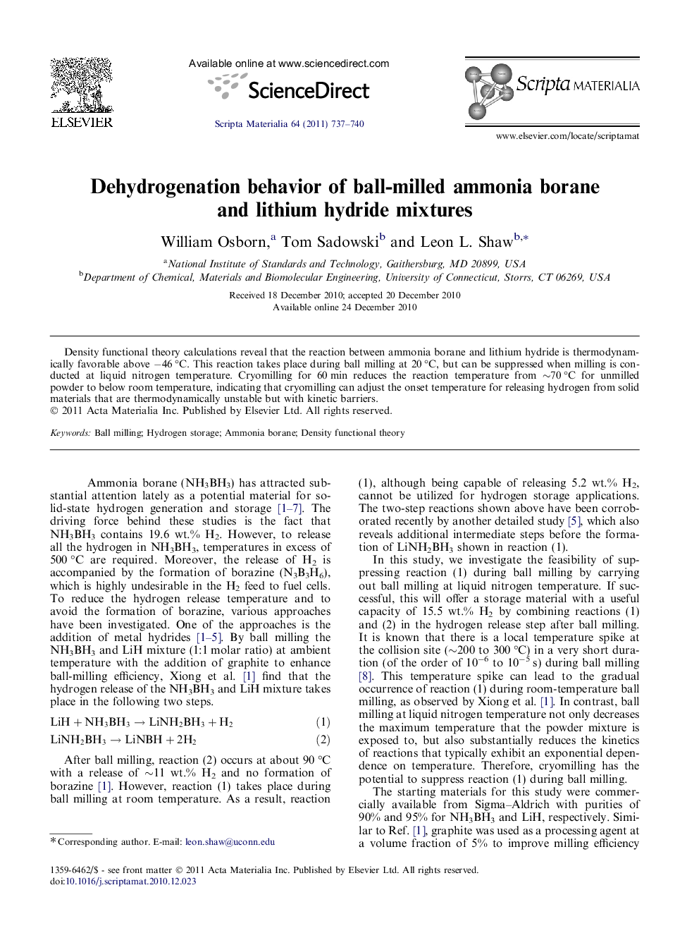 Dehydrogenation behavior of ball-milled ammonia borane and lithium hydride mixtures