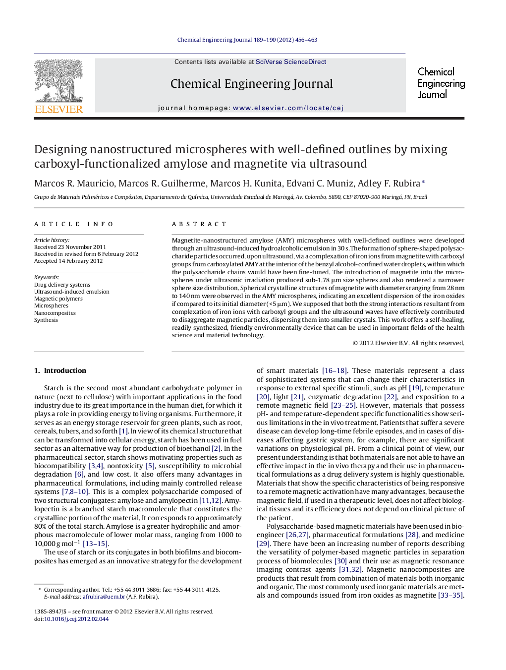 Designing nanostructured microspheres with well-defined outlines by mixing carboxyl-functionalized amylose and magnetite via ultrasound