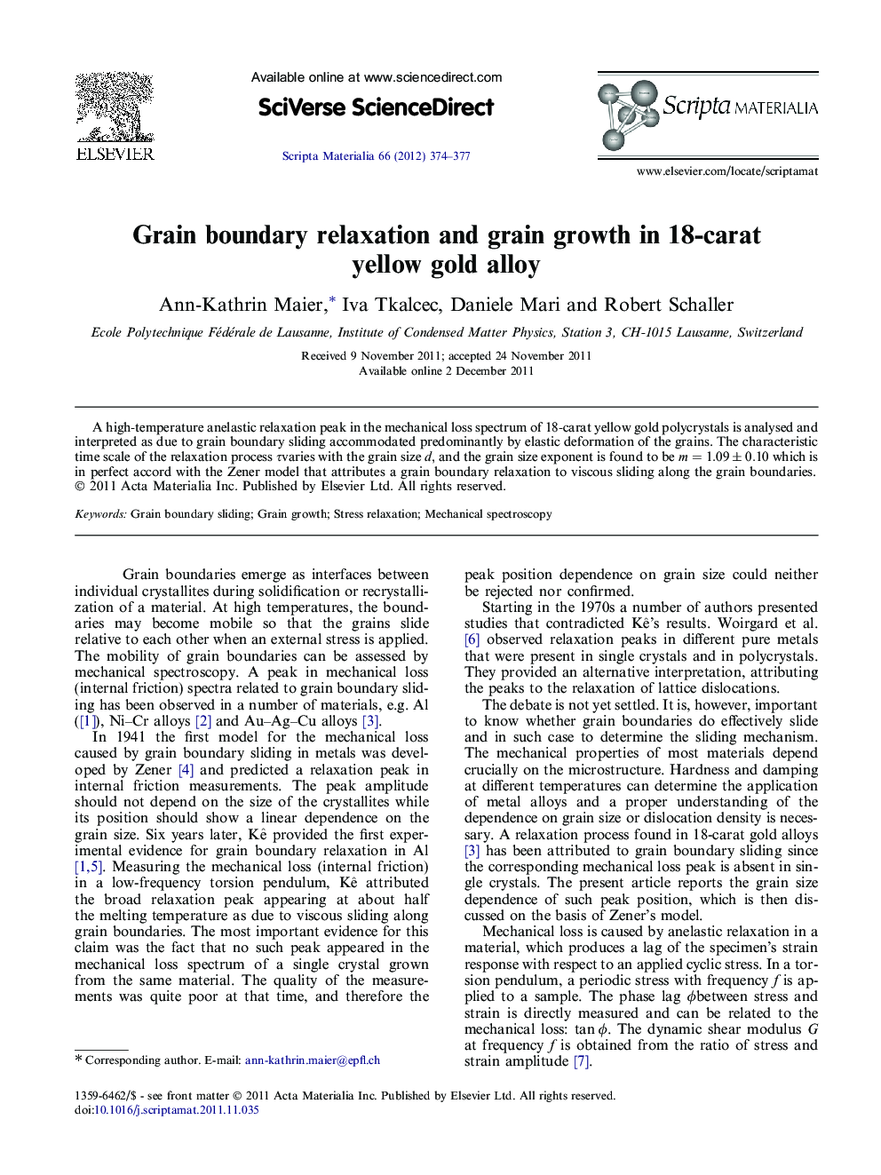 Grain boundary relaxation and grain growth in 18-carat yellow gold alloy