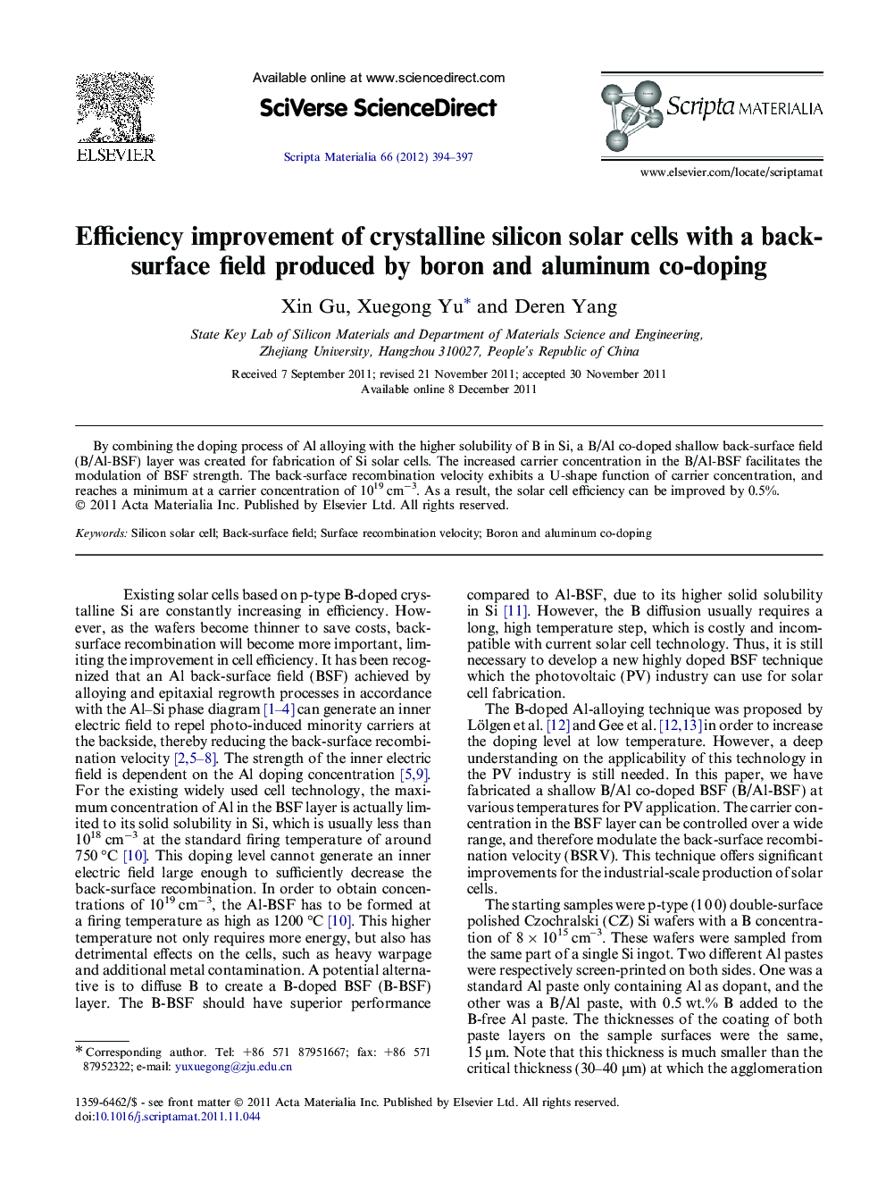 Efficiency improvement of crystalline silicon solar cells with a back-surface field produced by boron and aluminum co-doping