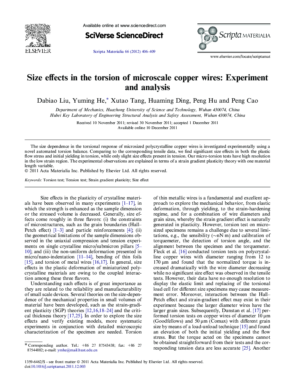 Size effects in the torsion of microscale copper wires: Experiment and analysis