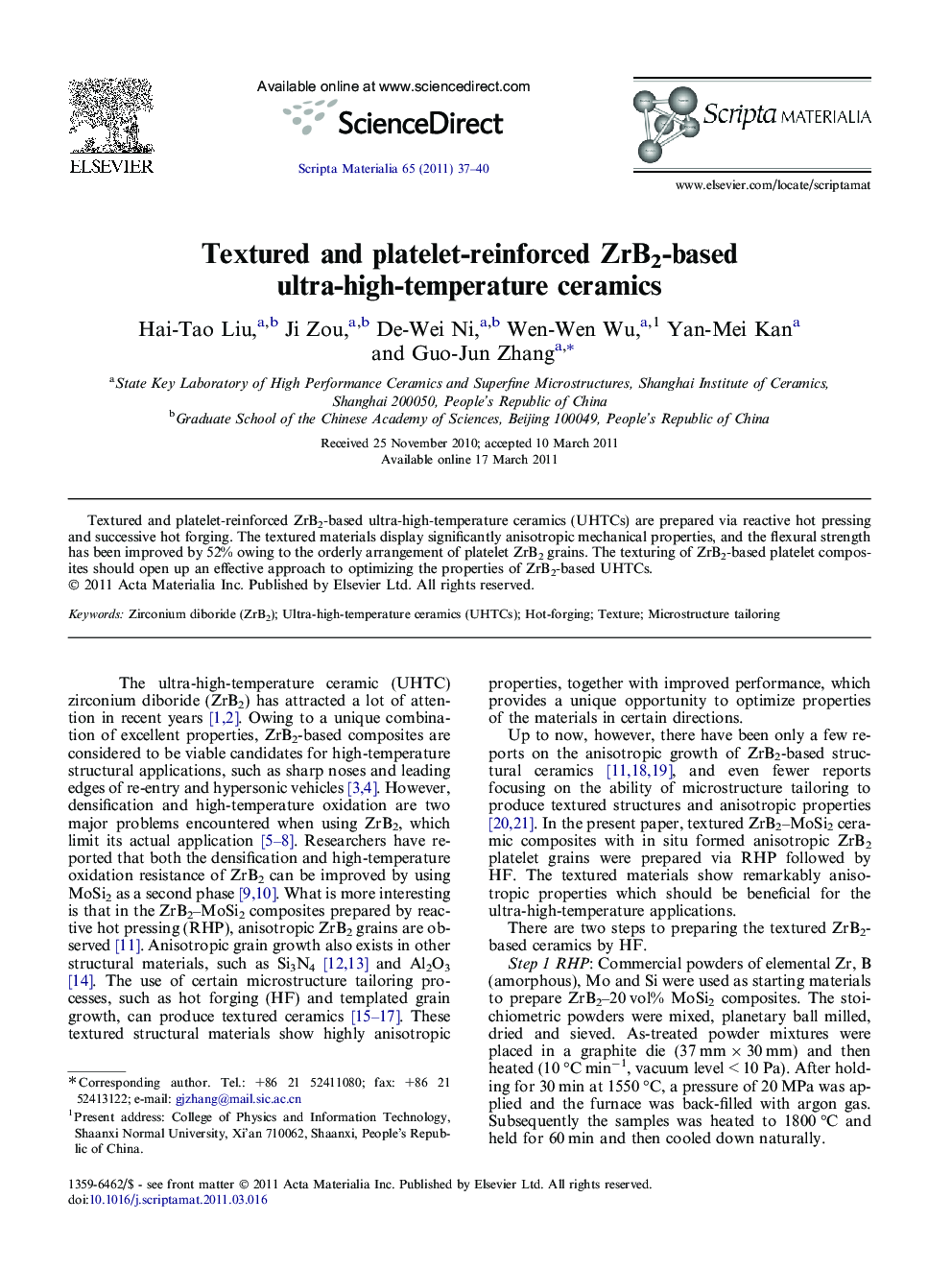 Textured and platelet-reinforced ZrB2-based ultra-high-temperature ceramics