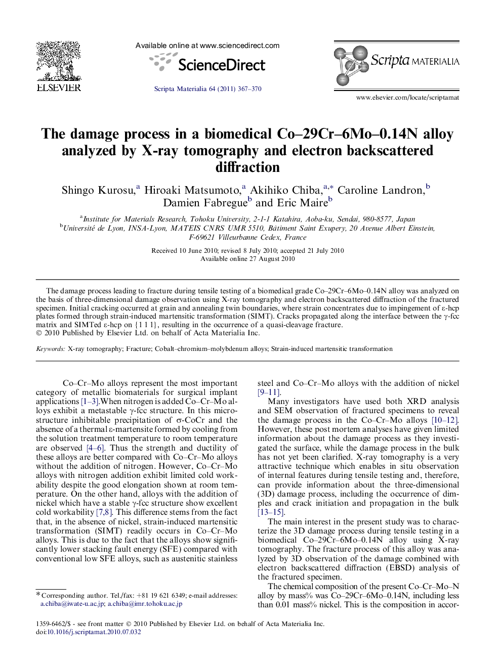 The damage process in a biomedical Co–29Cr–6Mo–0.14N alloy analyzed by X-ray tomography and electron backscattered diffraction