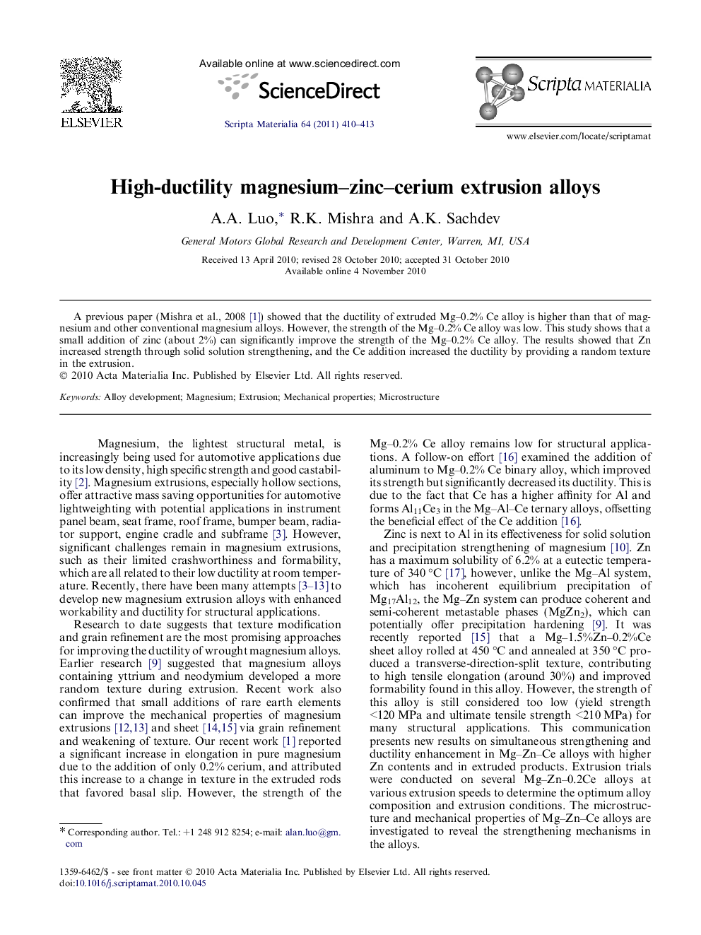 High-ductility magnesium–zinc–cerium extrusion alloys