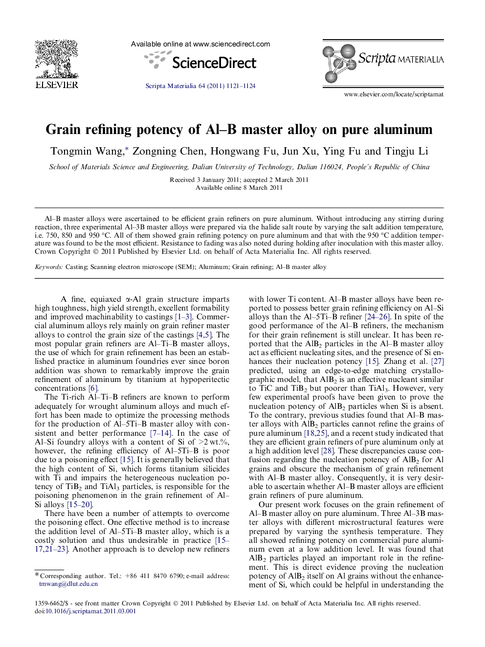 Grain refining potency of Al–B master alloy on pure aluminum