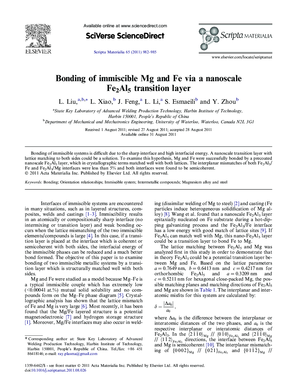 Bonding of immiscible Mg and Fe via a nanoscale Fe2Al5 transition layer