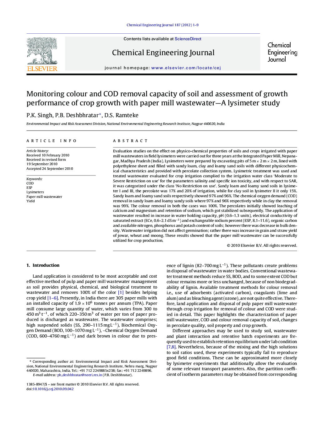 Monitoring colour and COD removal capacity of soil and assessment of growth performance of crop growth with paper mill wastewater—A lysimeter study