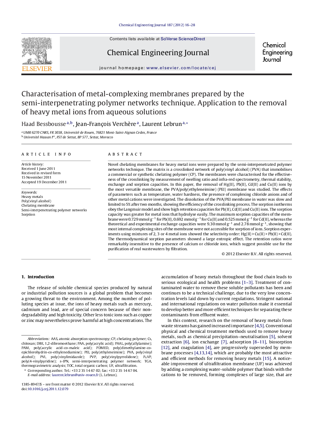 Characterisation of metal-complexing membranes prepared by the semi-interpenetrating polymer networks technique. Application to the removal of heavy metal ions from aqueous solutions