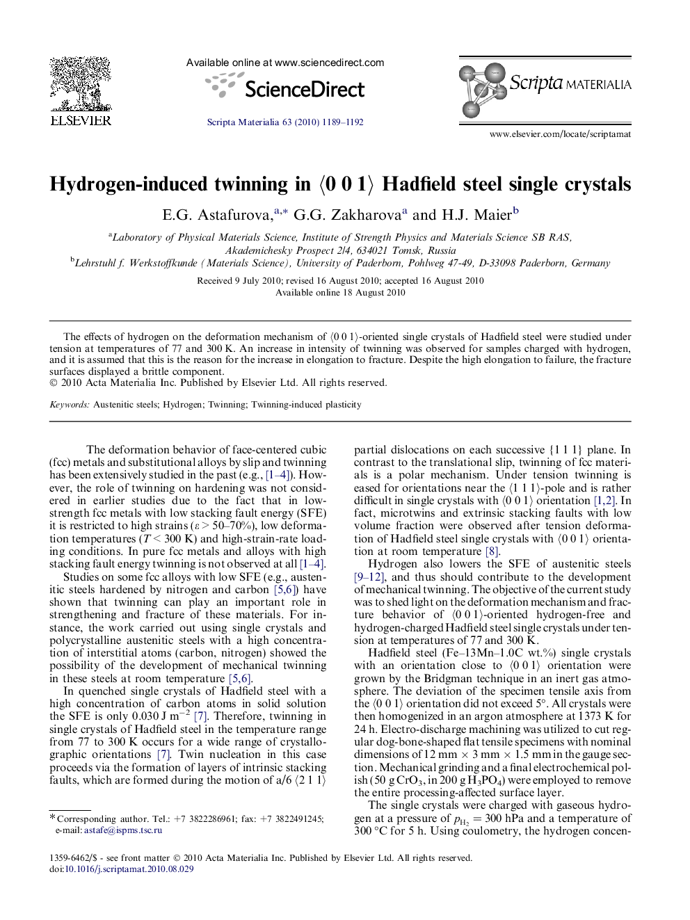 Hydrogen-induced twinning in 〈0 0 1〉 Hadfield steel single crystals