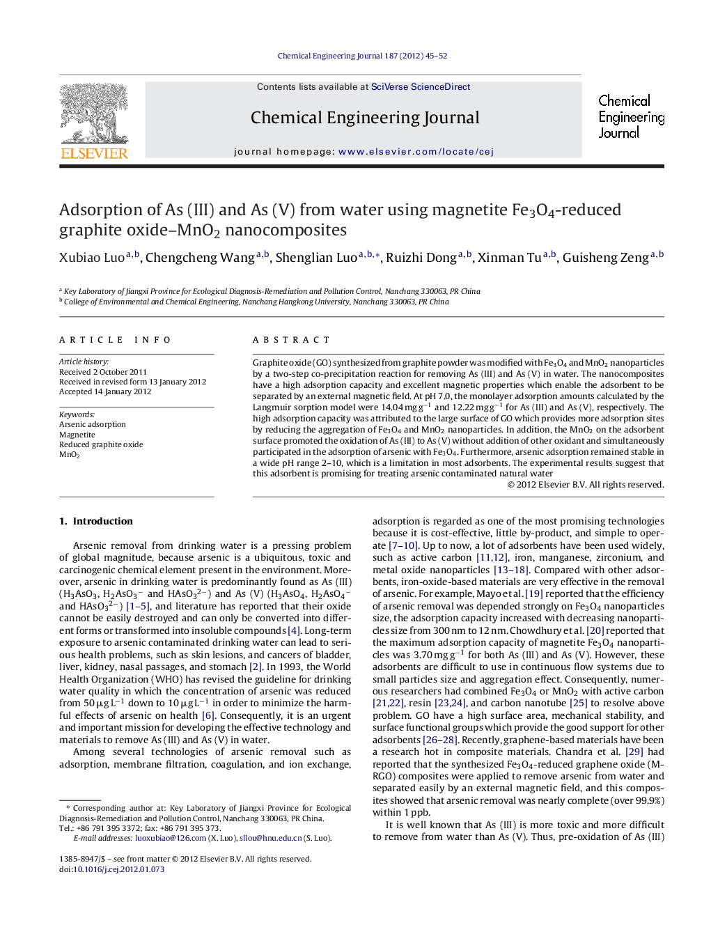 عکس صفحه اول مقاله: Adsorption of As (III) and As (V) from water using magnetite Fe3O4-reduced graphite oxide–MnO2 nanocomposites Adsorption of As (III) and As (V) from water using magnetite Fe3O4-reduced graphite oxide–MnO2 nanocomposites
