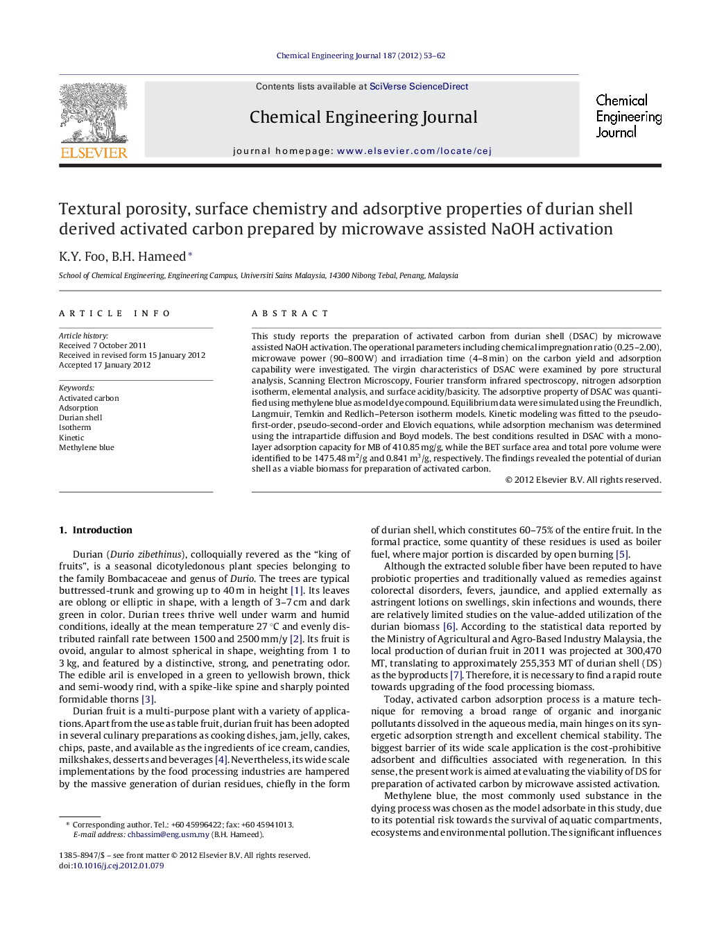 Textural porosity, surface chemistry and adsorptive properties of durian shell derived activated carbon prepared by microwave assisted NaOH activation