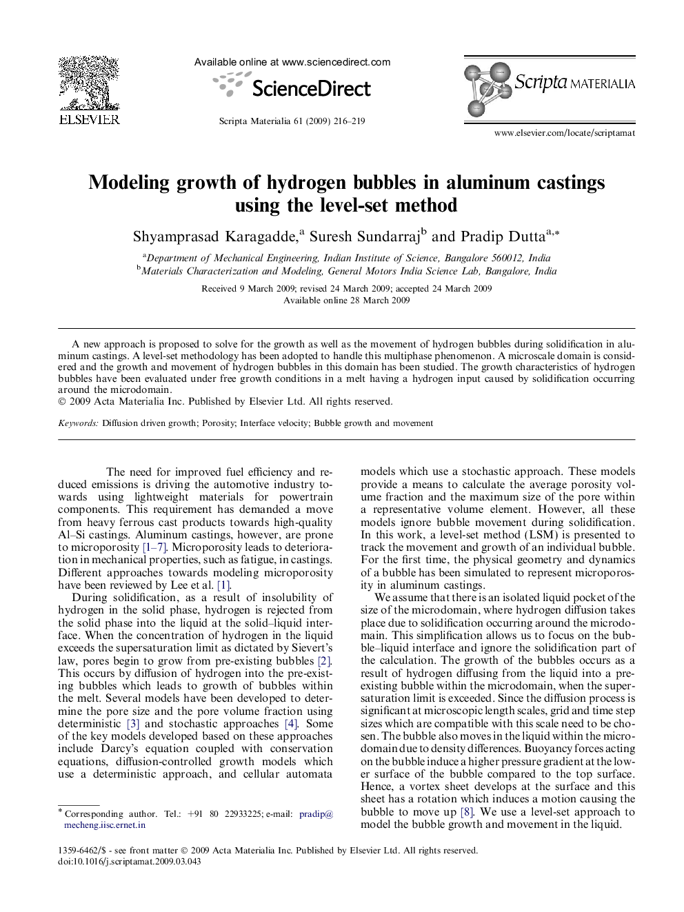 Modeling growth of hydrogen bubbles in aluminum castings using the level-set method