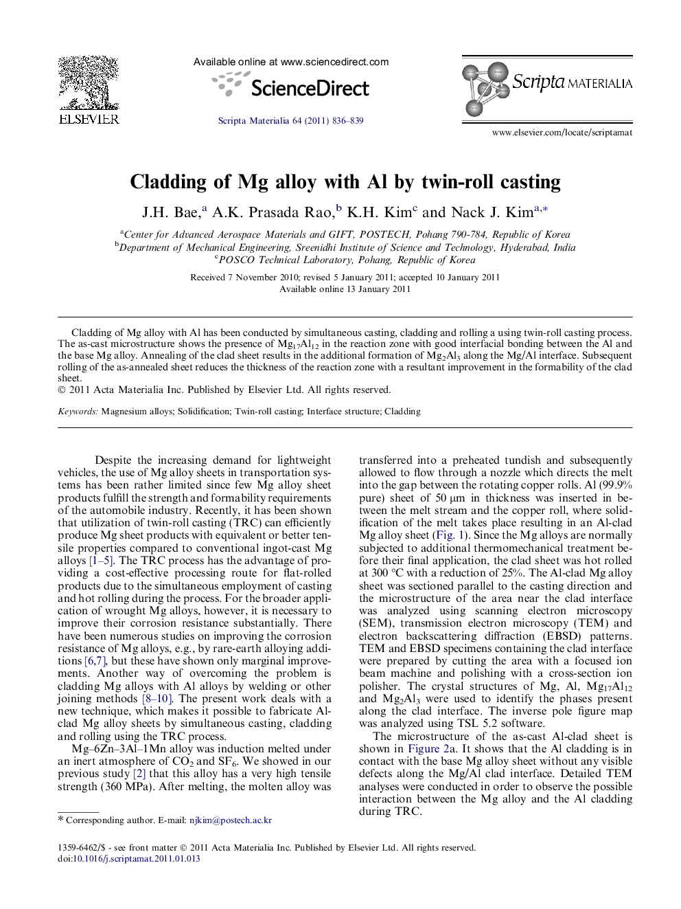 Cladding of Mg alloy with Al by twin-roll casting