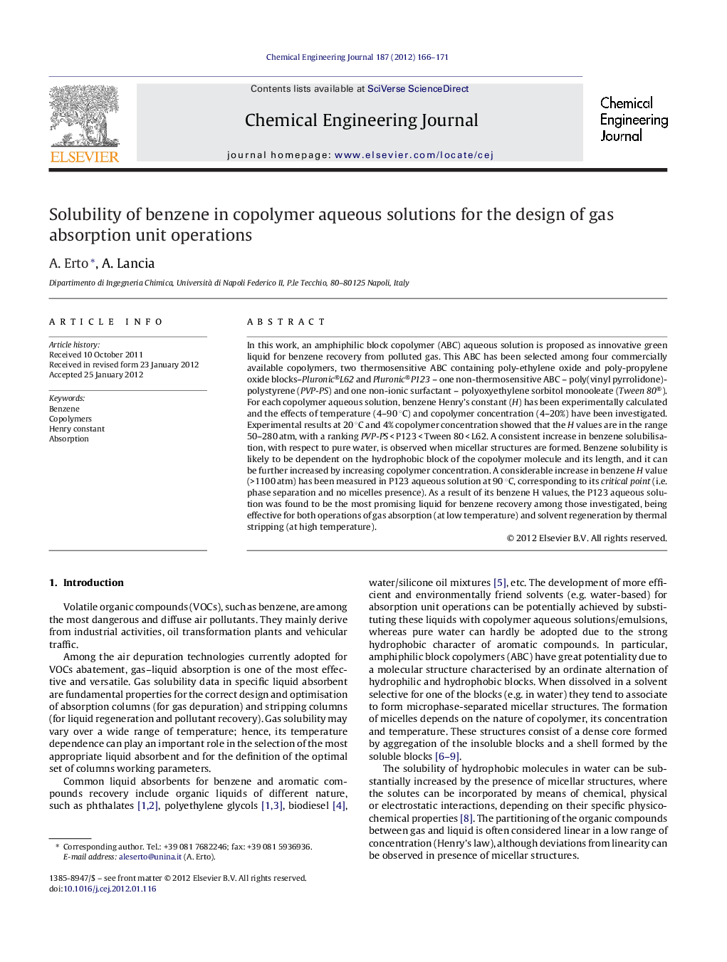 Solubility of benzene in copolymer aqueous solutions for the design of gas absorption unit operations