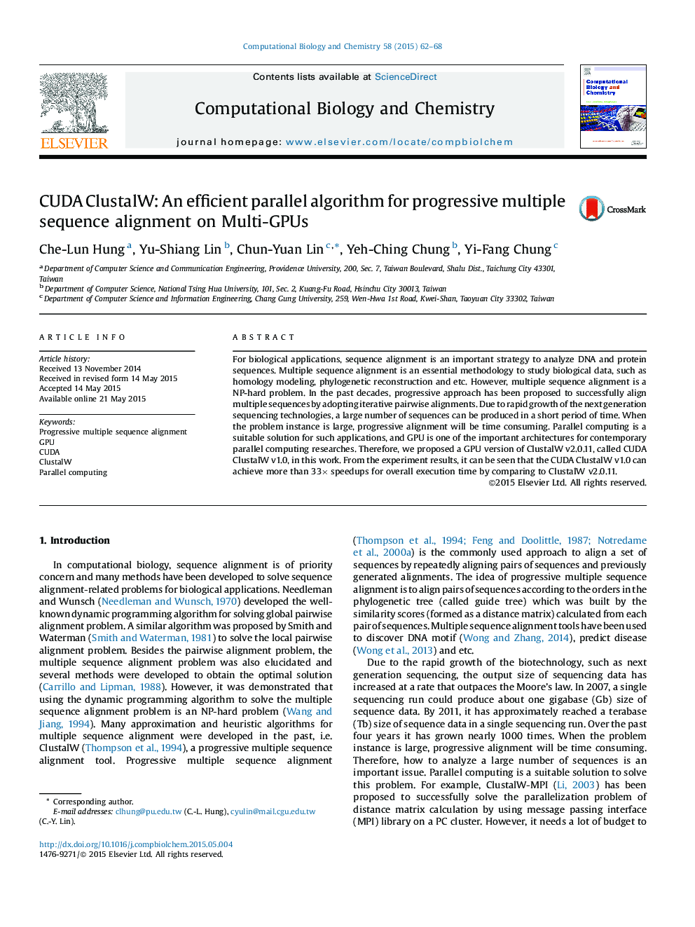 عکس صفحه اول مقاله: CUDA ClustalW: An efficient parallel algorithm for progressive multiple sequence alignment on Multi-GPUs CUDA ClustalW: An efficient parallel algorithm for progressive multiple sequence alignment on Multi-GPUs