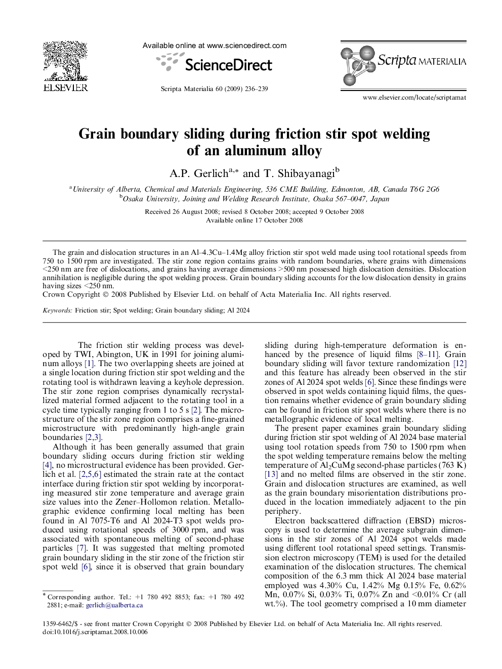 Grain boundary sliding during friction stir spot welding of an aluminum alloy