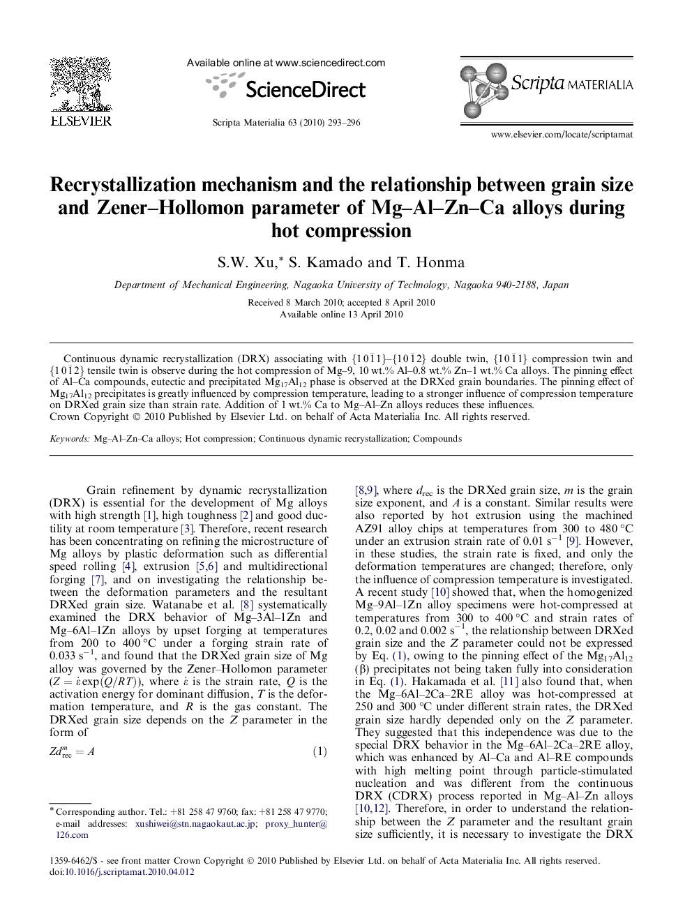 Recrystallization mechanism and the relationship between grain size and Zener–Hollomon parameter of Mg–Al–Zn–Ca alloys during hot compression