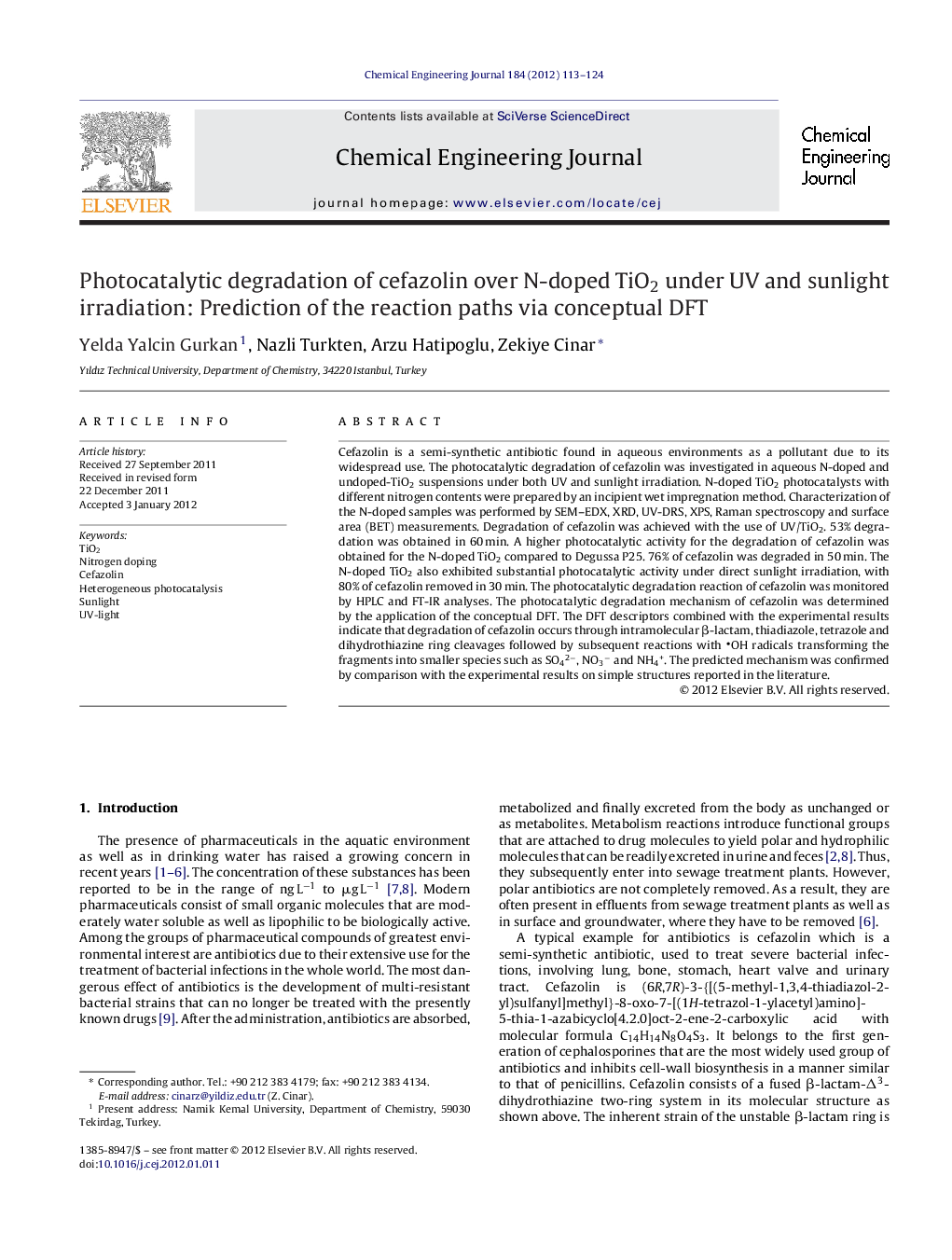 Photocatalytic degradation of cefazolin over N-doped TiO2 under UV and sunlight irradiation: Prediction of the reaction paths via conceptual DFT