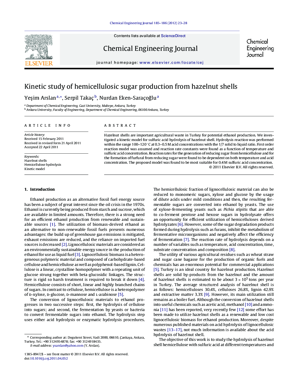 Kinetic study of hemicellulosic sugar production from hazelnut shells