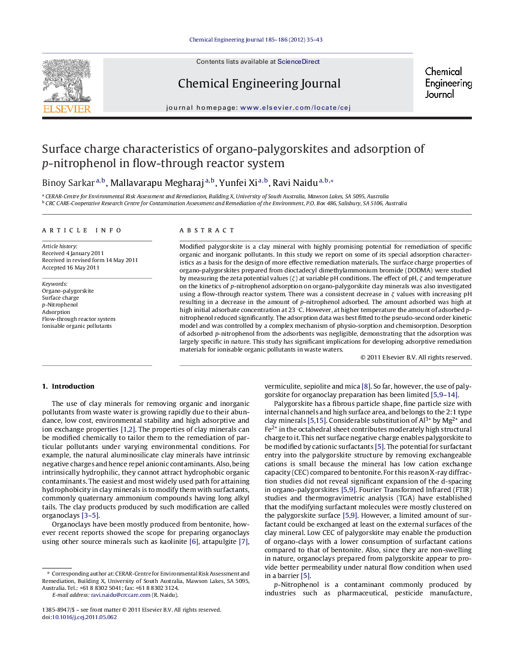 Surface charge characteristics of organo-palygorskites and adsorption of p-nitrophenol in flow-through reactor system