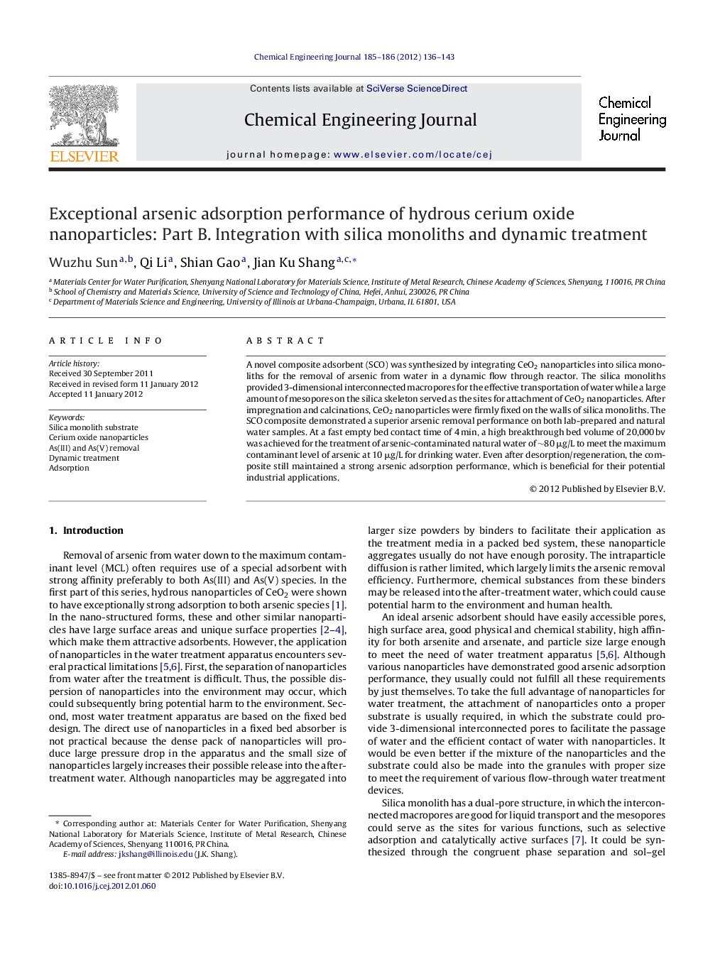 Exceptional arsenic adsorption performance of hydrous cerium oxide nanoparticles: Part B. Integration with silica monoliths and dynamic treatment