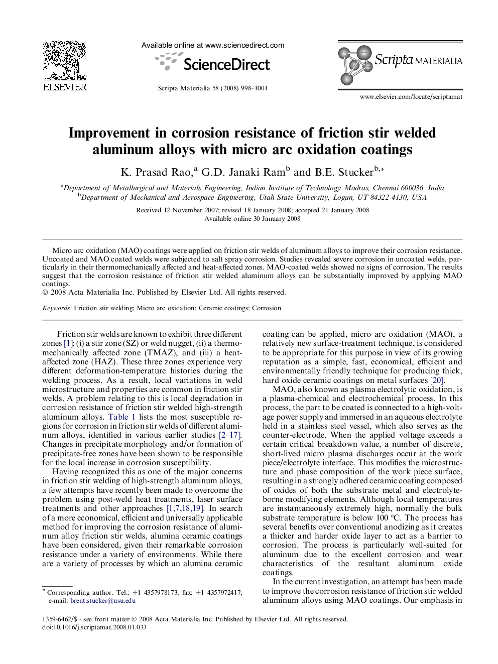 Improvement in corrosion resistance of friction stir welded aluminum alloys with micro arc oxidation coatings