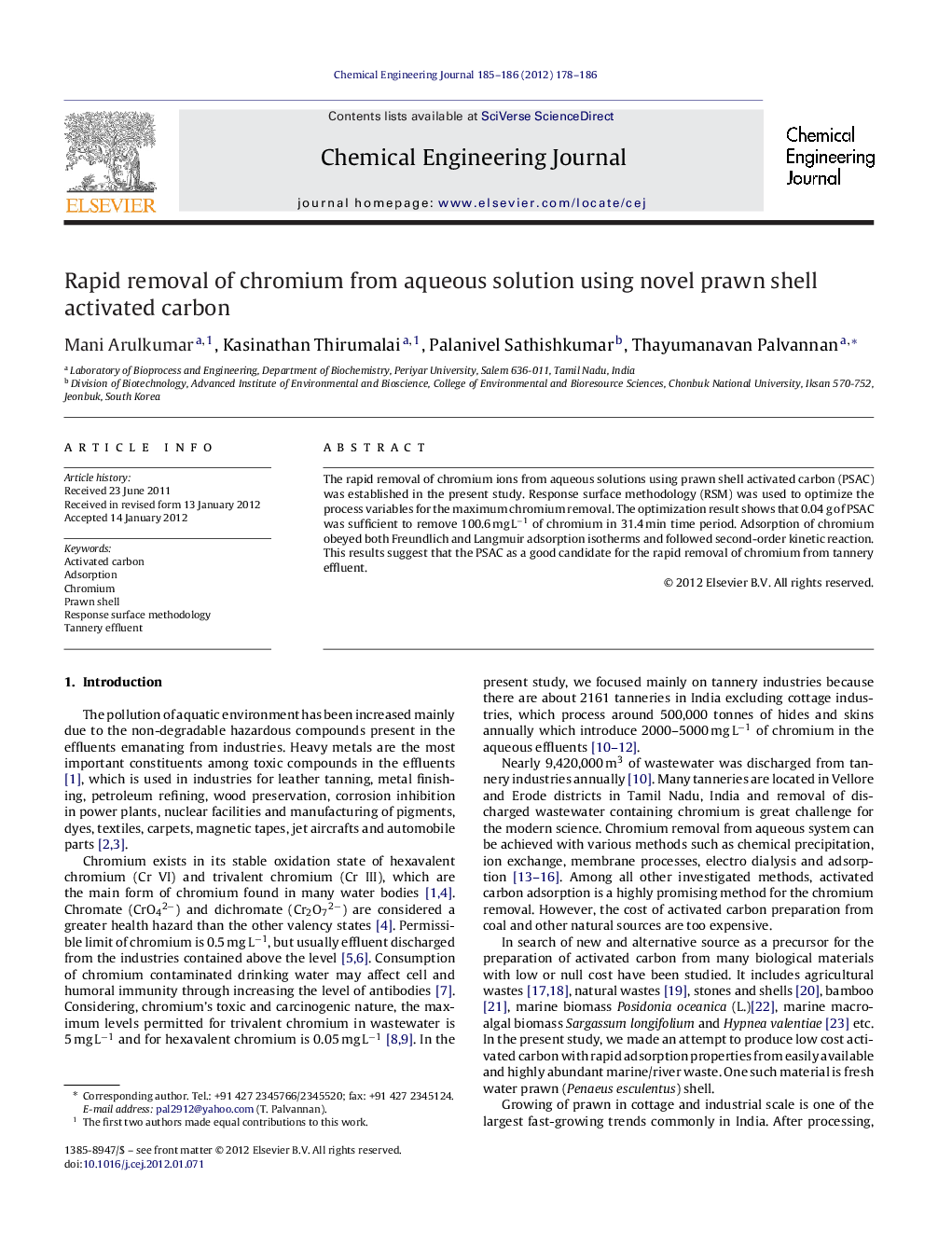 Rapid removal of chromium from aqueous solution using novel prawn shell activated carbon